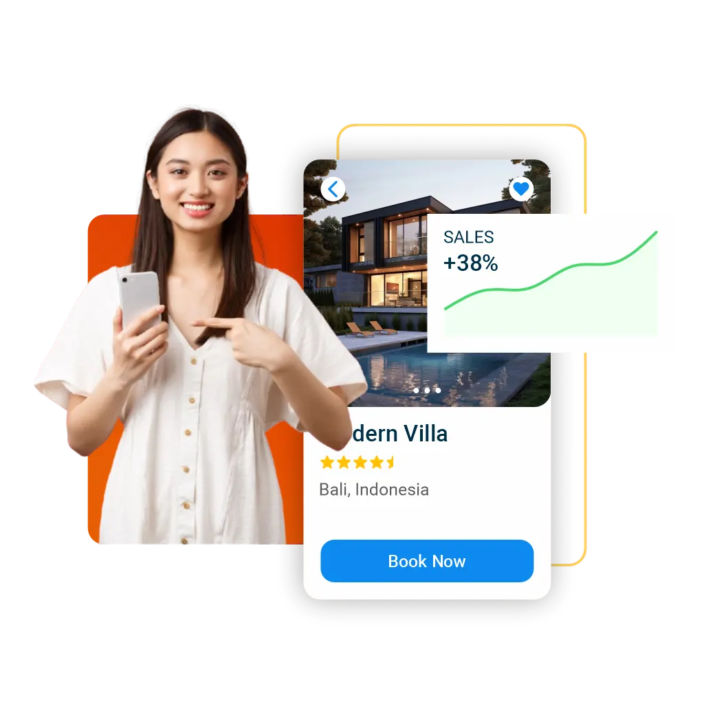 Tim jasa desain website sedang menunjuk grafik penjualan naik, cocok untuk bisnis yang butuh jasa website bisnis